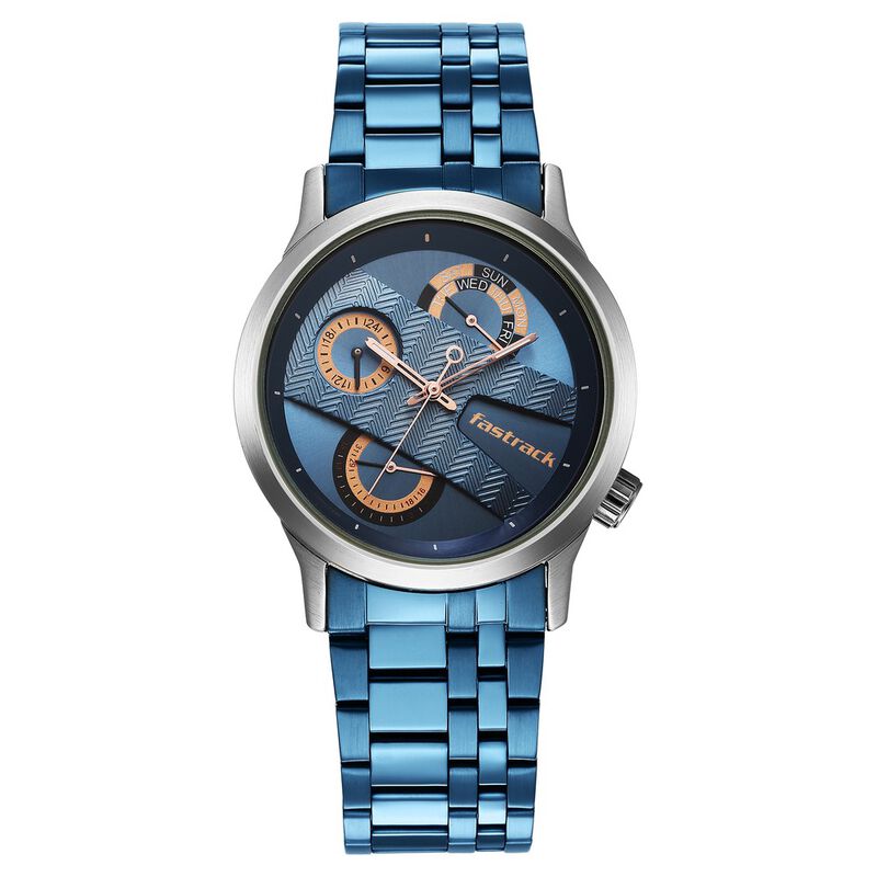 Fastrack Exuberant Quartz Analog Blue Dial Metal Strap Watch for Guys