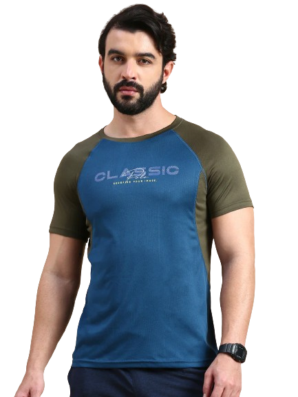 Classic Polo Men's Round Neck Polyester Navy Blue/Black Slim Fit Active Wear T-Shirt