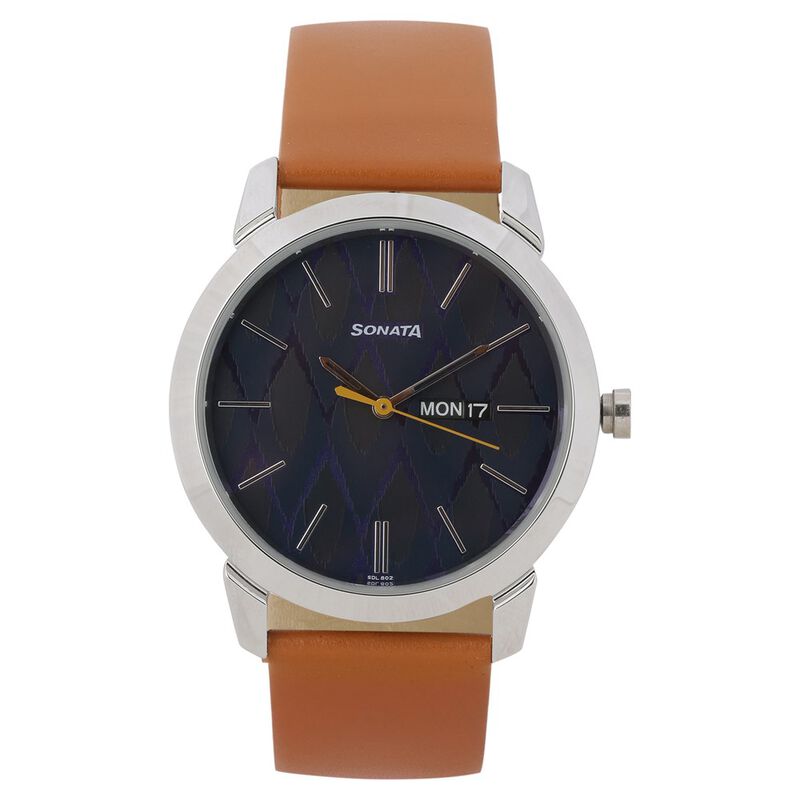 Sonata Knot Blue Dial Leather Strap Watch for Men NR77107SL01