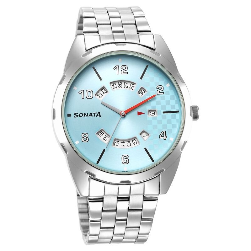 Sonata RPM Analog with Date Blue Dial Stainless Steel Strap Watch for Men 7149SM01