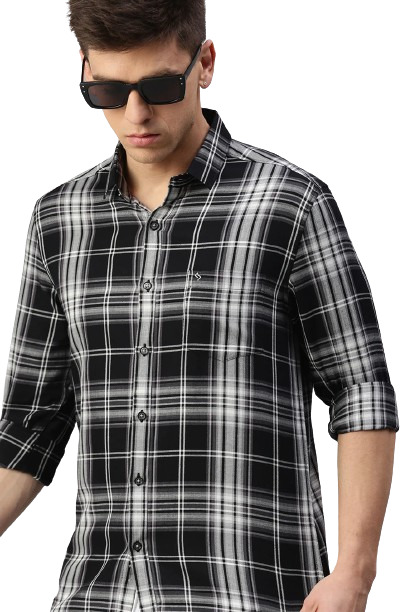 Classic Polo Men's Cotton Full Sleeve Checked Slim Fit Polo Neck Black Color Woven Shirt | So1-131 A