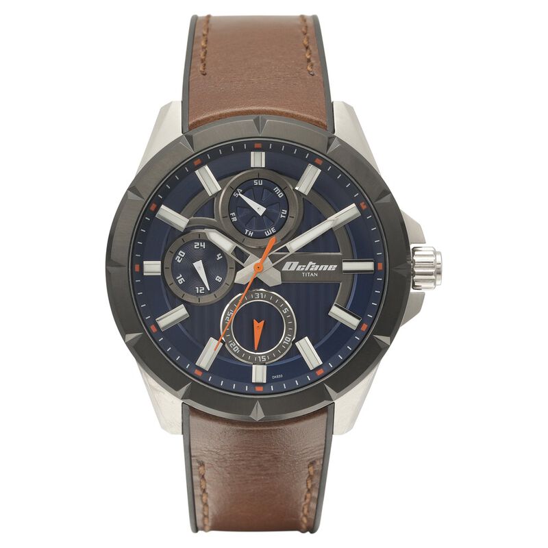 Titan Quartz Multifunction Blue Dial Silicone & Leather Strap Watch for Men