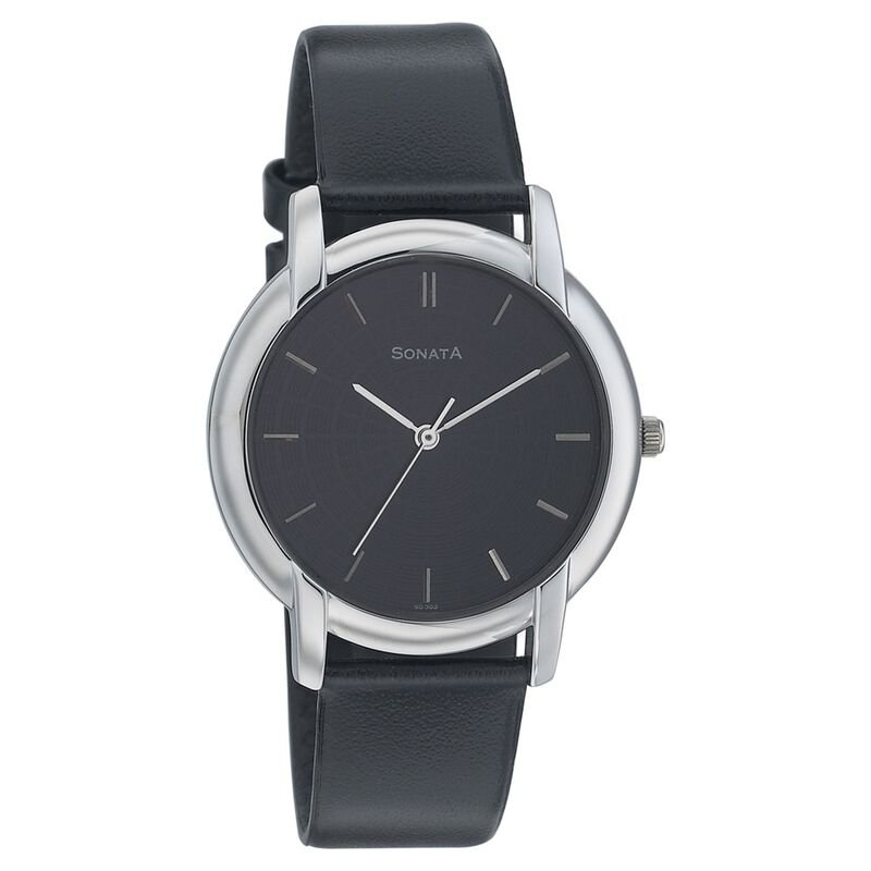 Sonata Quartz Analog Black Dial Leather Strap Watch for Men NB7954SL02