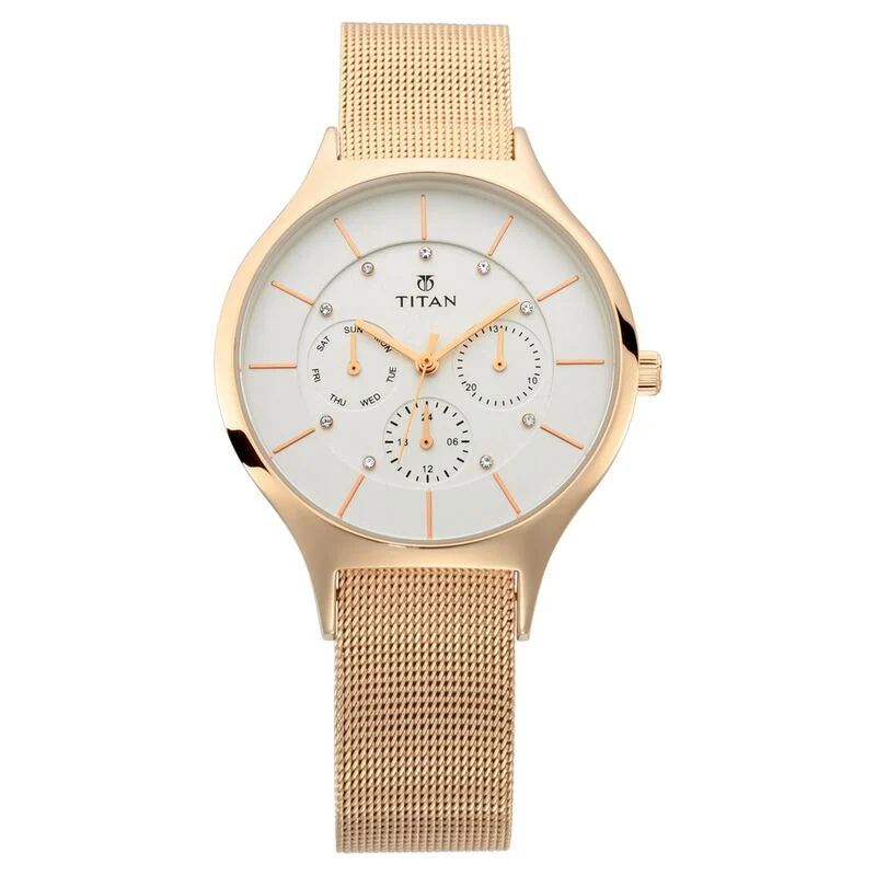 Titan Workwear White Dial Quartz Multifunction Metal Strap watch for Women