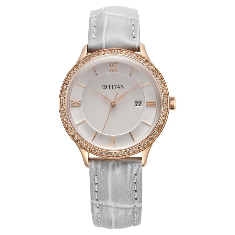 Titan Bright Leathers Quartz Analog with Date Silver Dial Leather Strap for Women