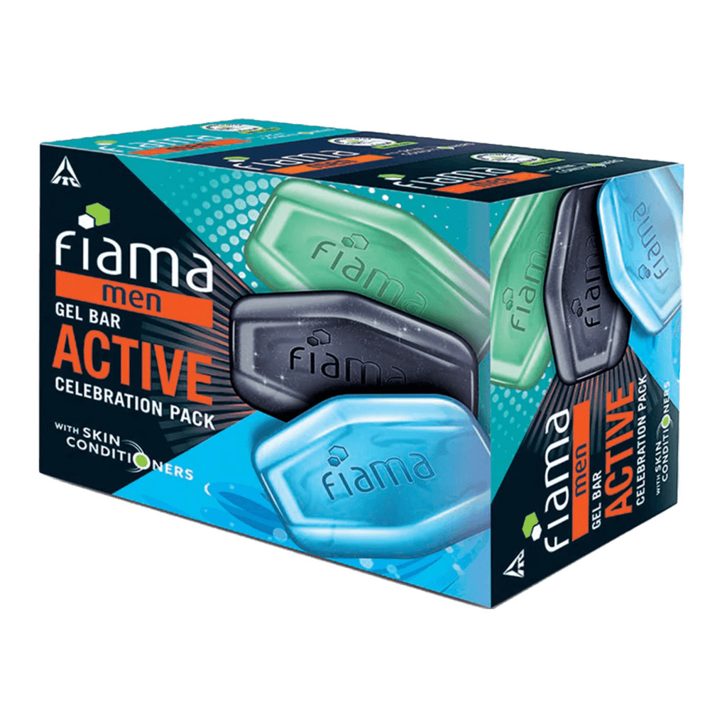 Fiama Men Gel Bar Active Celebration Pack with 3 unique gel bars with skin conditioners for refreshed & moisturised skin 125g soap (Pack of 3)