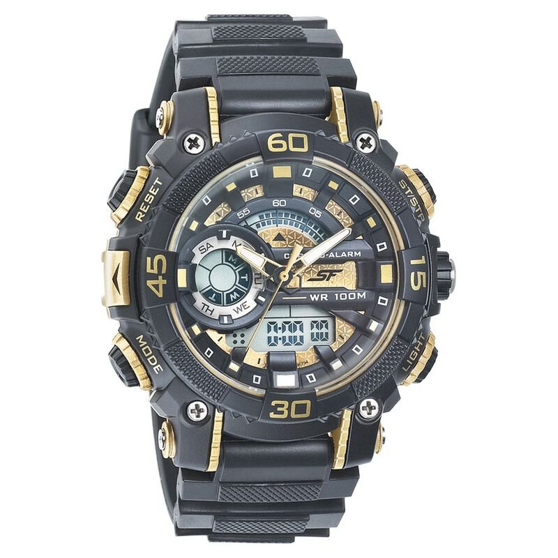 Sonata SF Quartz Analog Digital Golden Dial PU Strap Watch for Men NP77070PP08