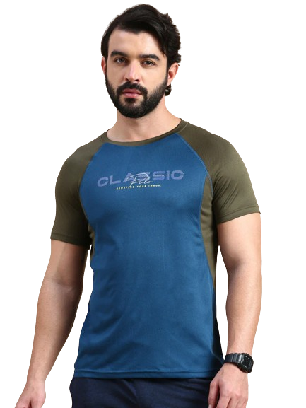 Classic Polo Men's Round Neck Polyester Navy Blue/Black Slim Fit Active Wear T-Shirt | GENX-CREW 05B SF C