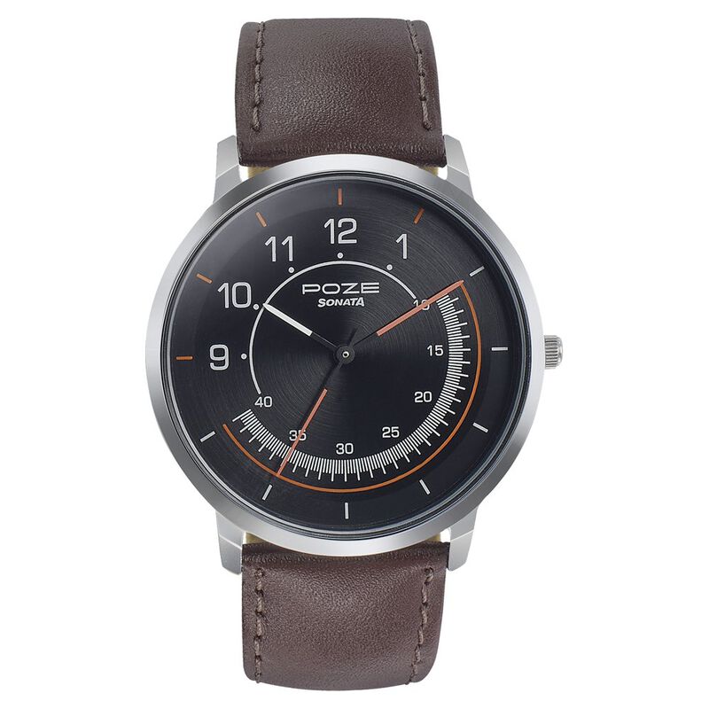 Sonata Poze Quartz Analog Black Dial Leather Strap Watch for Men SP70006SL02