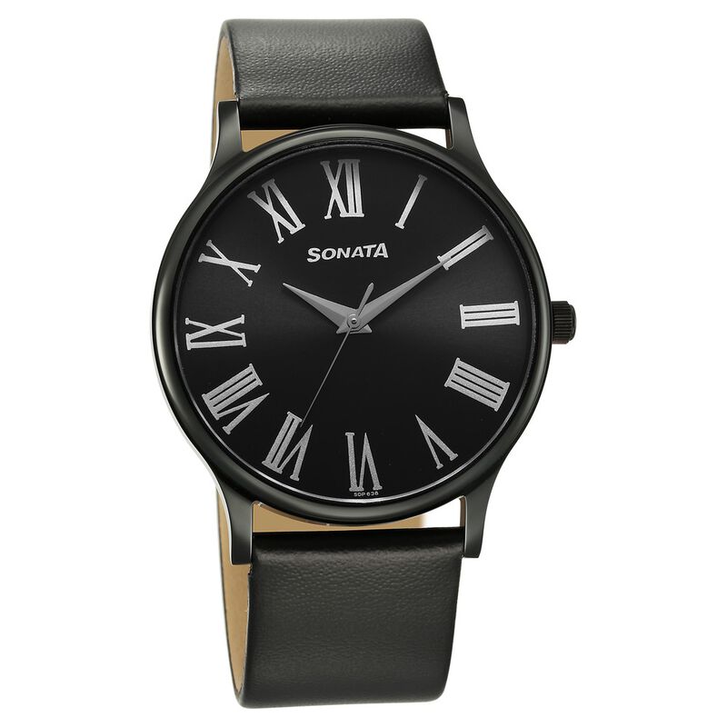 Sonata Aspire Quartz Analog Black Dial Leather Strap Watch for Men 77105NL08W