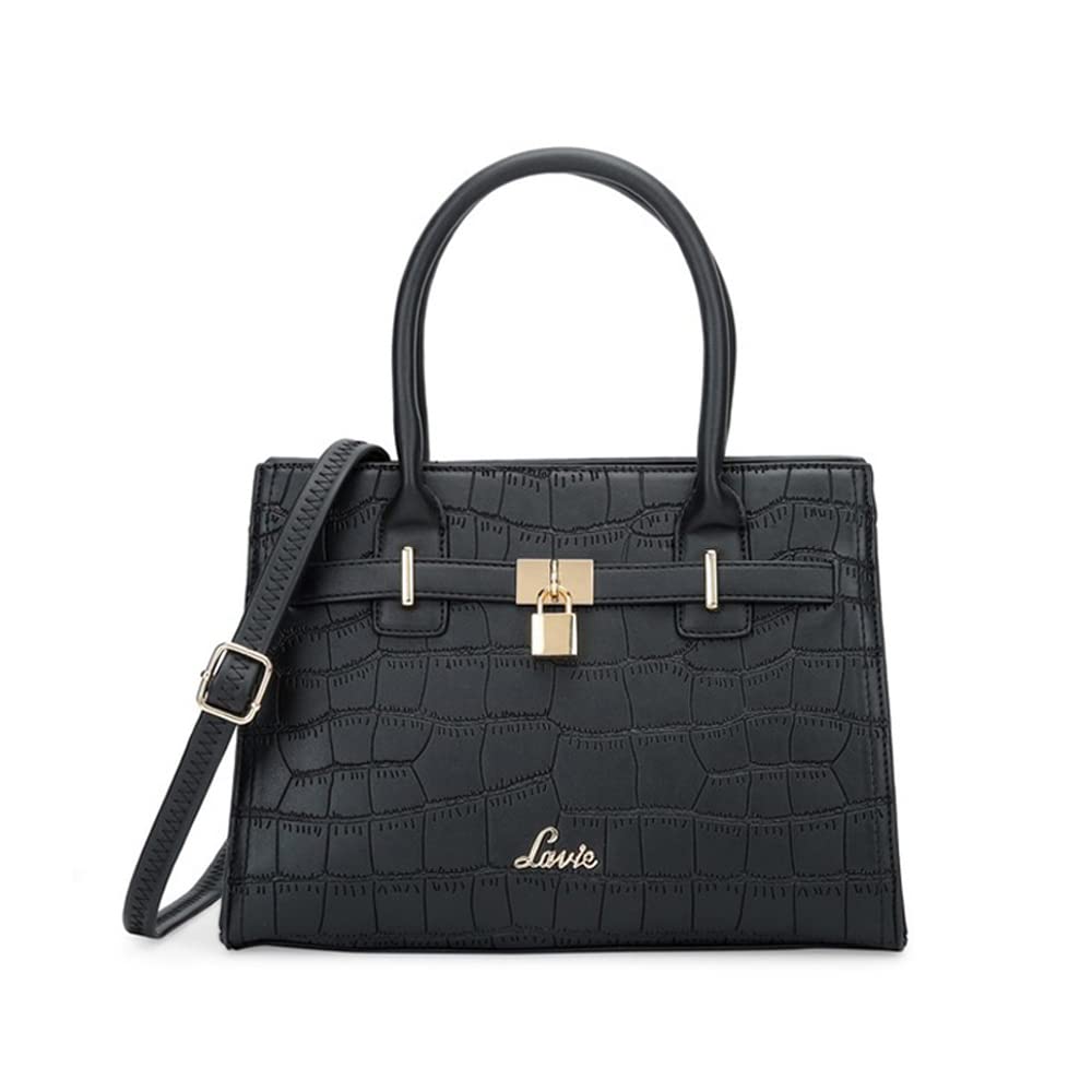 LAVIE Strap Emb Zipper Closure PU Synthetic Women's Casual Satchel Handbag (Black, Medium)