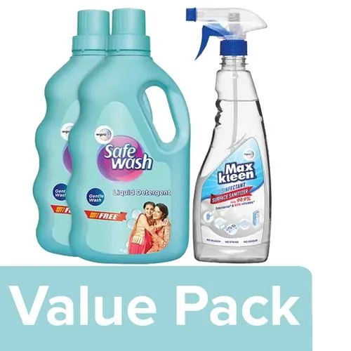 Safewash Liquid Detergent 1kg (1kg Free)+Maxkleen Disinfectant Sanitizer 500ml, Combo 2 Items