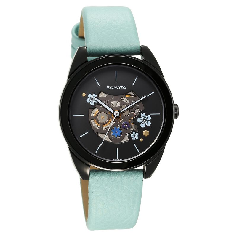 Sonata Unveil Quartz Multifunction Black Dial Leather Strap Watch for Women 8182NL04