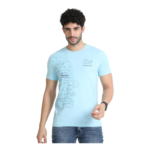 Classic Polo Mens Cotton Half Sleeves Printed Slim Fit Crew Neck Aqua Blue Color T-Shirt | Brcn - 551 B Sf C