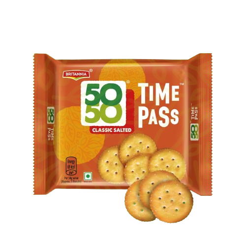Britannia 50-50 Timepass Classic Salted Biscuit - Light, Crispy, Ready To Eat, 142 g