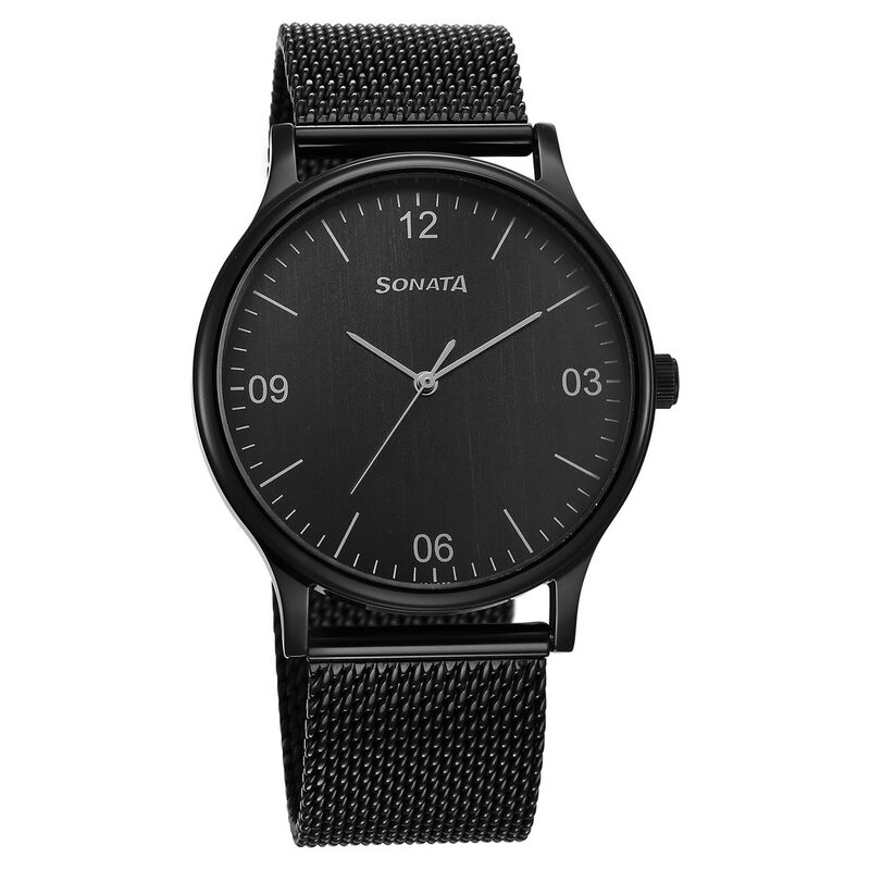 77105NM02 Sonata Quartz Analog Black Dial Watch for Men