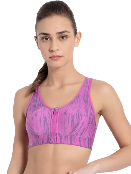 Jockey Women's Wirefree Padded Microfiber Elastane Stretch Printed Full Coverage Racer Back Front Zipper Styling Sports Bra with Stay Fresh and Stay Dry Treatment - Lavender Scent Assorted