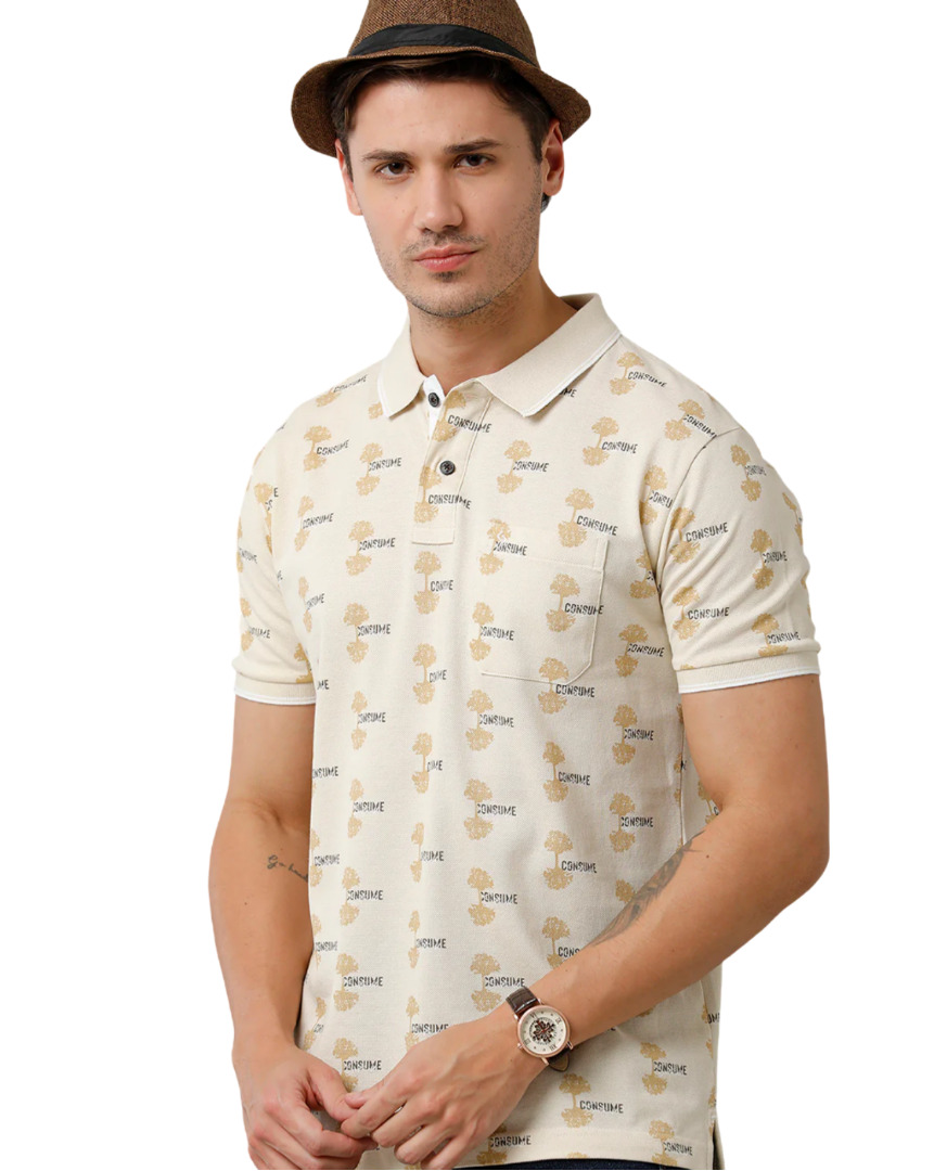 T-shirt Classic Polo Men's Cotton Half Sleeve Printed Slim Fit Polo Neck Cream Color T-Shirt | Beau - 197 B