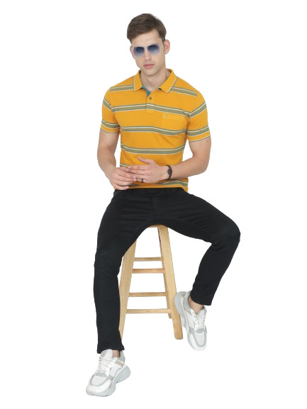 Classic Polo Mens Casual Mustard Striped Cotton T-Shirt