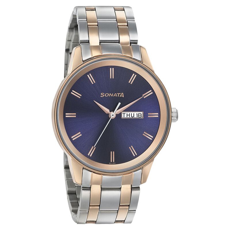 Sonata Quartz Analog with Day and Date Blue Dial Bimetal Strap Watch for Men NR7133KM02