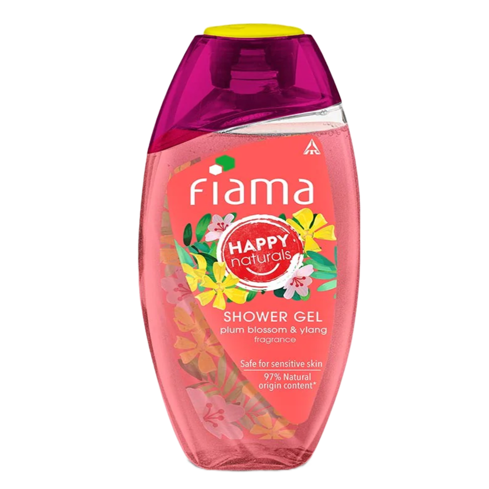 Fiama Happy Naturals shower gel, Plum blossom and ylang with 97% natural origin content with skin conditioners for moisturized skin, safe on sensitive skin, bodywash 250ml bottle