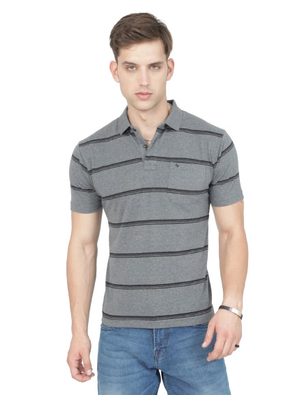 Classic Polo Mens Casual Charcoal Melange Striped Cotton T-Shirt