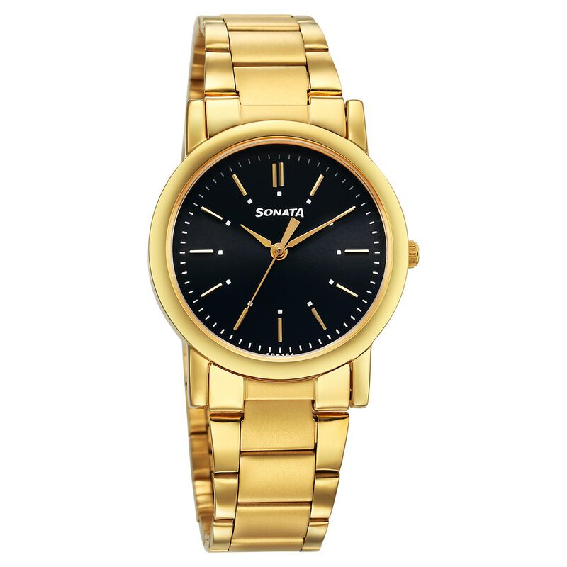 Sonata Classic Quartz Analog Black Dial Golden Stainless Steel Strap Watch for Men 7987YM12W