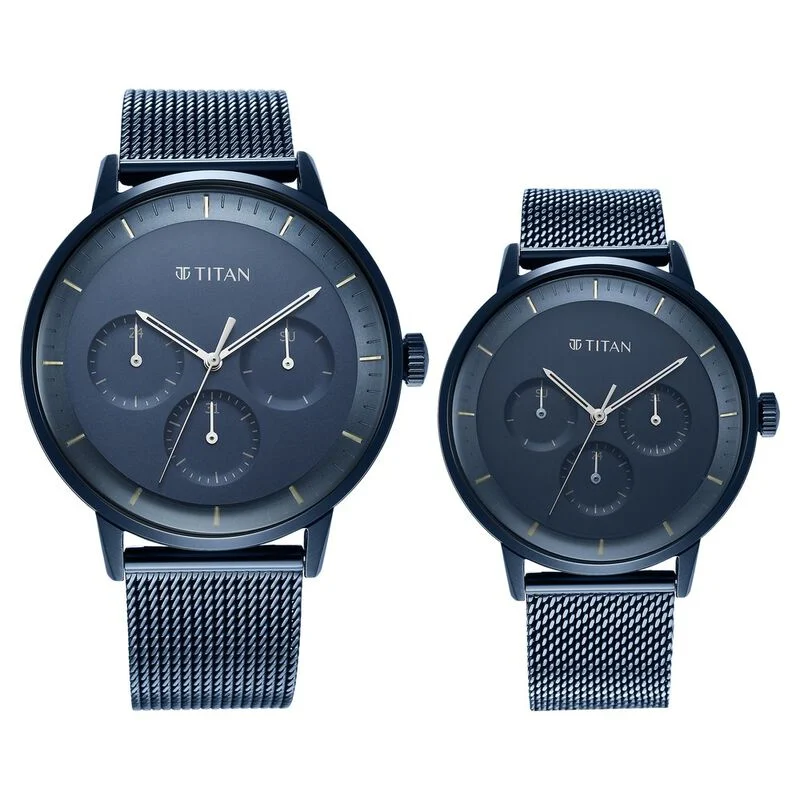 Titan Modern Bandhan Blue Dial Quartz Multifunction Stainless Steel Strap watch for Couple