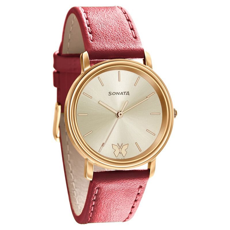 Sonata Play Champagne Dial Women Watch With Leather Strap NR87029WL01