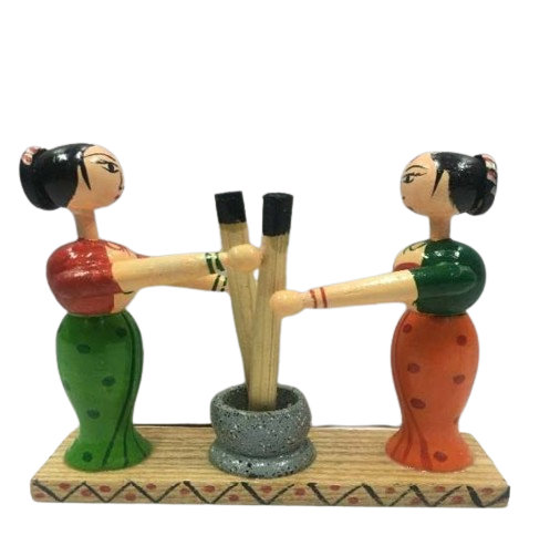 Wooden Women Grinding spices village style Doll (Height -14cm) - Shree Channapatna Toys