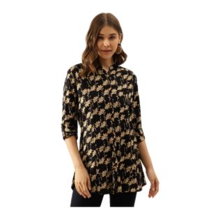 Divena Black Floral Printed Rayon Shirt type Top for Women