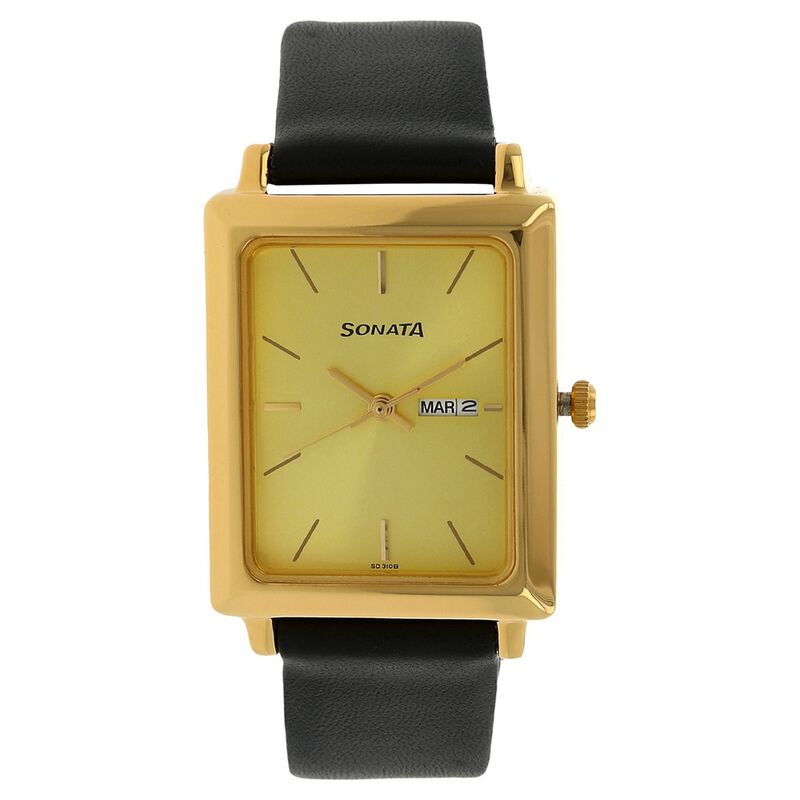 Sonata Quartz Analog with Day and Date Champagne Dial Leather Strap Watch for Men NR7078YL04