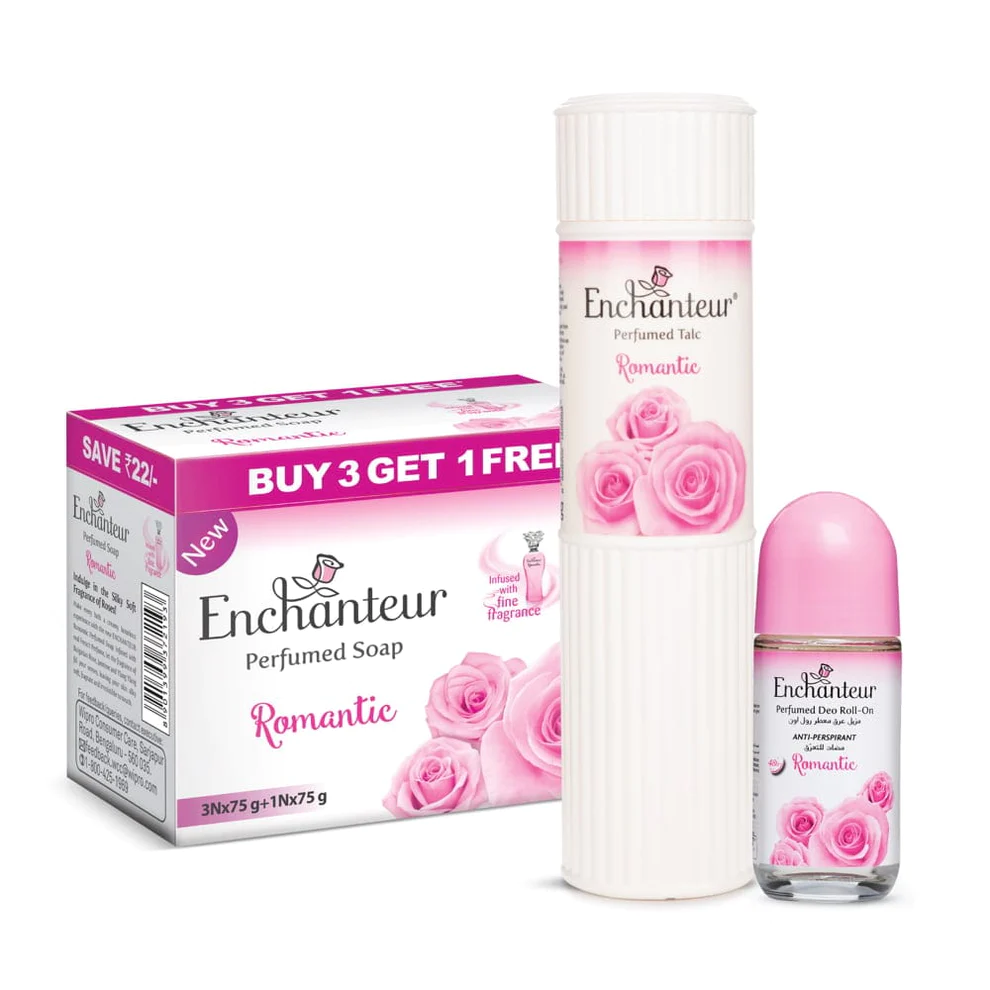 Enchanteur Perfumed Romantic Bathing Bar 75gms Pack of 3+1 , Romantic Talc 250gms & Romantic Roll-On Deodorant 50ml