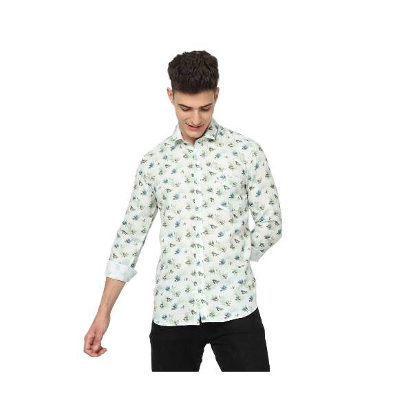 Classic Polo Men's Cotton Full Sleeve Printed Slim Fit Polo Neck Green Color Woven Shirt | So1-28 A