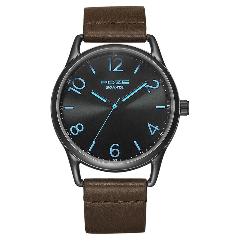 Poze by Sonata Quartz Analog Black Dial PU Leather Strap Watch for Men SP70014QL01W