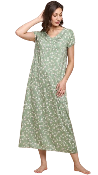 Women Allover Print Night Dress V Neck And Short Sleeves -Olive Creepers
