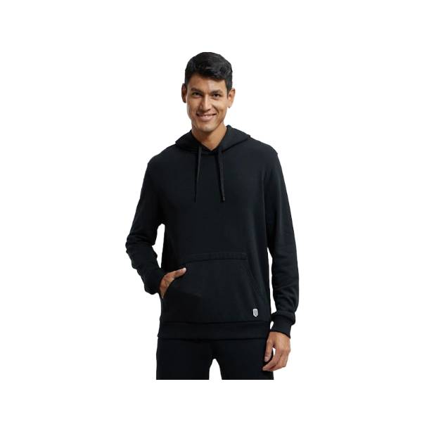Men's Super Combed Cotton Rich French Terry Hoodie Sweatshirt with Ribbed Cuffs - Black