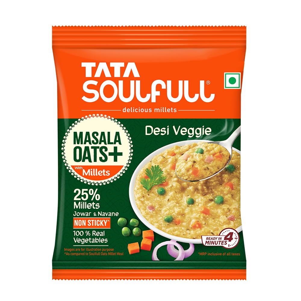 Tata Soulfull Masala Oats+ With Millets, Desi Veggie,, Real Vegetables, 25% Millets, Non Sticky, Evening Snack, Healthy Snack