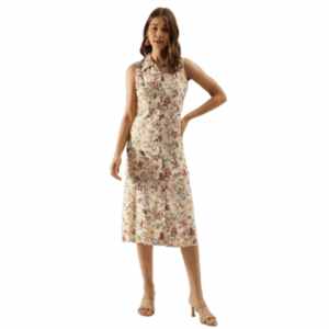 Divena Cream Floral Printed Rayon Midi Dress With Attached Sleeves