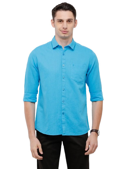 Classic Polo Mens Solid Milano Fit Full Sleeve Polo Neck Blue Woven Shirt -Mica Blue Fs