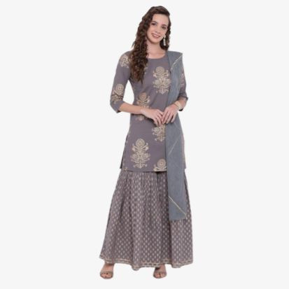Divena Grey Foil Print Cotton Sharara Set with Net Dupatta Plus Size Kurta Set