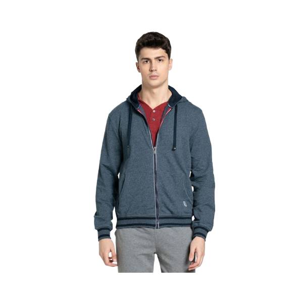 Men's Super Combed Cotton French Terry Hoodie Jacket with Ribbed Cuffs and Convenient Side Pockets - Navy Grindle