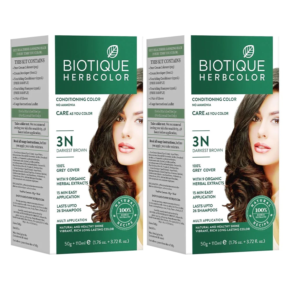 Biotique Pack Of 2 Herbcolor 3n Darkest Brown 50 Gm +110 Ml