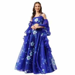 Blue Floral Hand Painted Lehenga & Blouse With Dupatta
