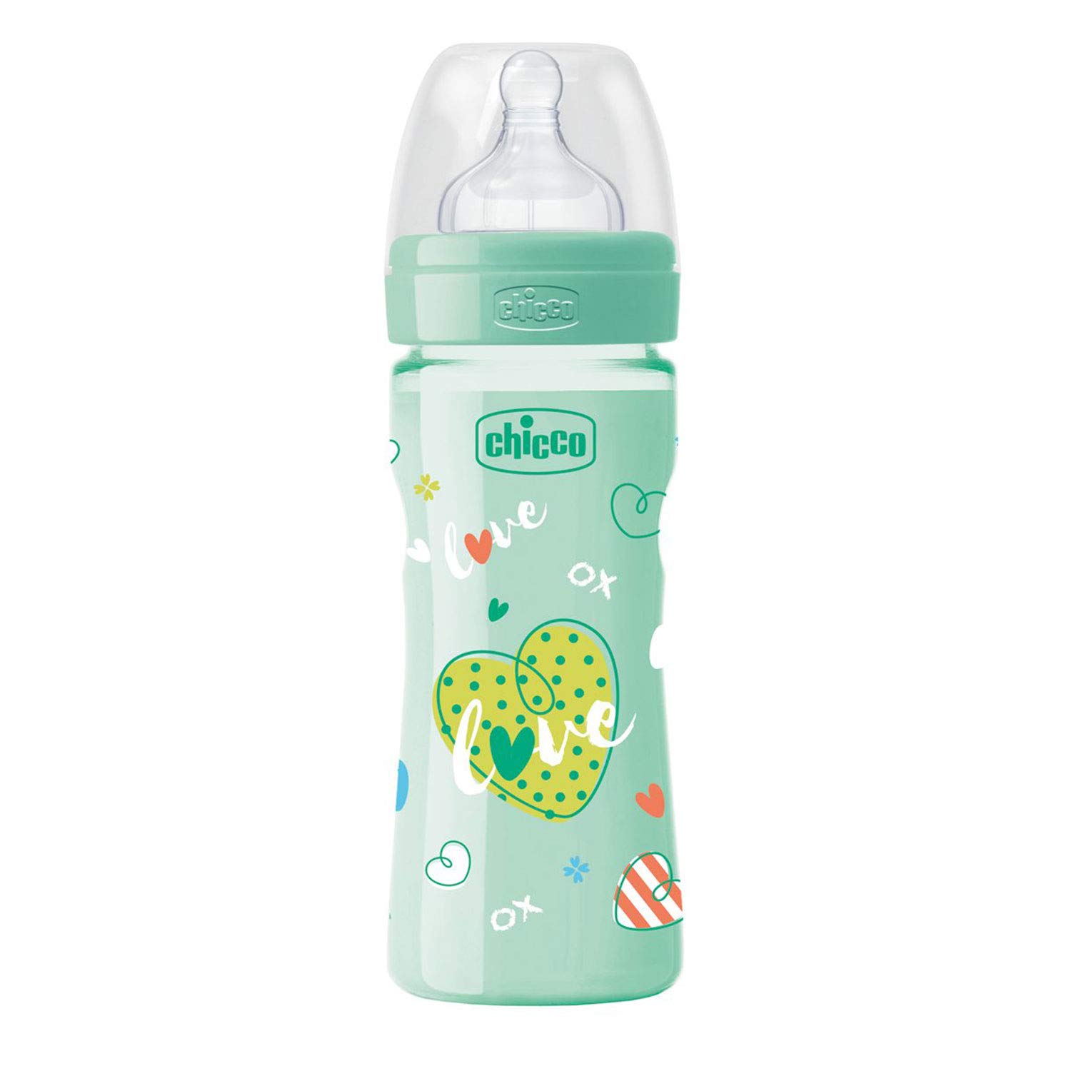Chicco 250 ml WellBeing Feeding Bottle, Love Edition, Advanced Anti-Colic System, Soft & Hygienic Silicone Teat, BPA Free (Green)