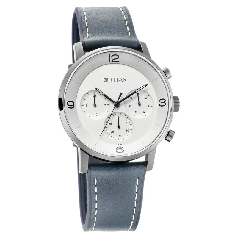 Titan Athleisure Silver Dial Quartz Multifunction Leather Strap Watch for Men