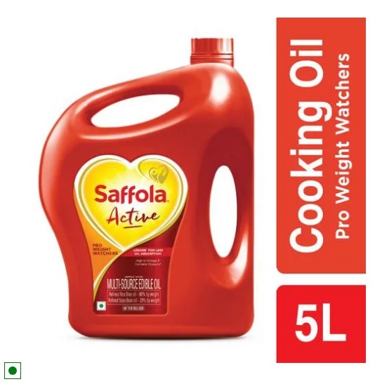 Saffola Active Refined Oil|Blend of Rice Bran Oil & Soyabean Oil|Cooking Oil Edible Oil 5 litre Jar