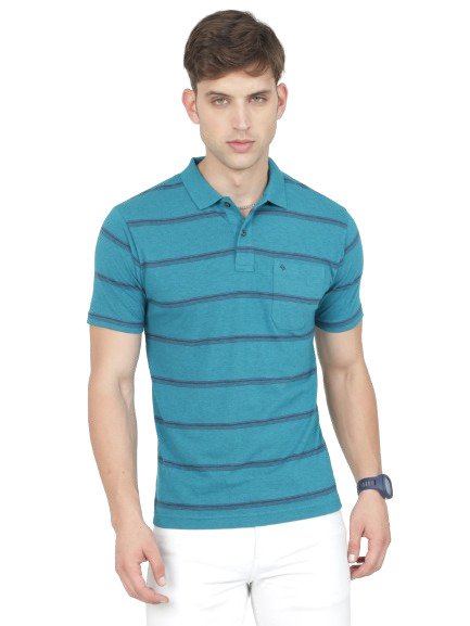 Classic Polo Mens Casual Teal Melange Striped Cotton T-Shirt