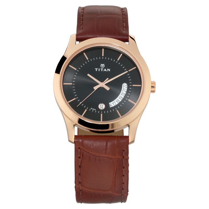 Titan Quartz Analog with Date Black Dial Leather Strap Watch for Men