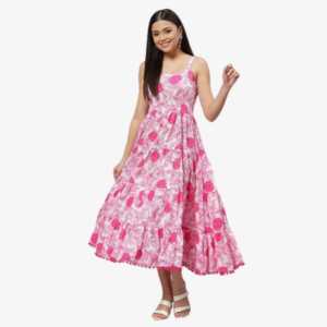 Divena white & Pink Floral Shoulder Strip Long Dress